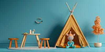 Kinder- Zimmer mit Spielzeuge und Zelt foto