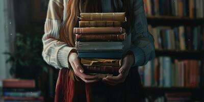 Hände halten Stapel von Bücher foto