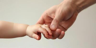 Kinder Hand im das Hand von ein Erwachsene Elternteil foto