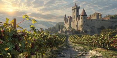 Traube Felder gegen das Hintergrund von ein mittelalterlich Schloss foto