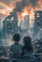 Kinder Sitzung im Vorderseite von ein ruiniert ruiniert Stadt foto