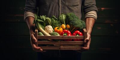 Farmer halten Gemüse und Früchte im seine Hände foto