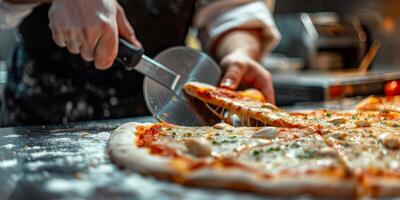 Koch Herstellung Pizza Nahansicht foto