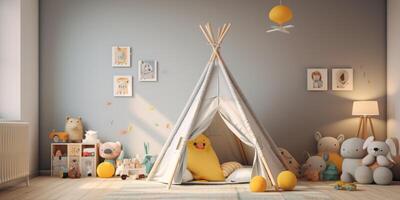 Kinder- Zimmer mit Spielzeug Zelte foto