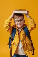 Kind mit Rucksack und Bücher zurück zu Schule foto