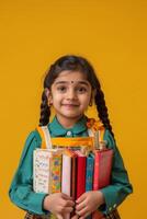 Kind mit Rucksack und Bücher zurück zu Schule foto