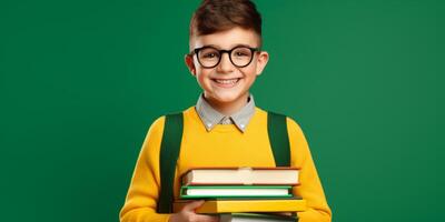 Kind mit Rucksack und Bücher zurück zu Schule foto