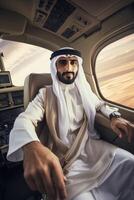 arabisch Geschäftsmann im ein Privat Jet foto