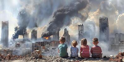 Kinder gegen das Hintergrund von ein zerstört Stadt foto