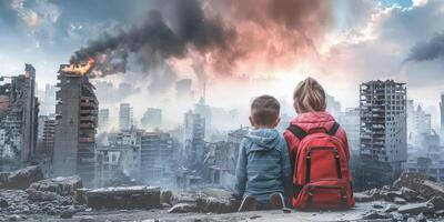 Kinder gegen das Hintergrund von ein zerstört Stadt foto