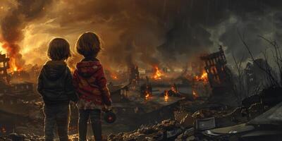 Kinder gegen das Hintergrund von ein zerstört Stadt foto
