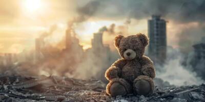 Teddy Bär gegen von ein zerstört Stadt foto