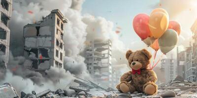 Teddy Bär gegen von ein zerstört Stadt foto