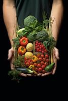 Farmer mit ein Korb von Gemüse im seine Hände foto