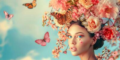 jung Frau mit ein Kranz von Blumen auf ihr Kopf foto