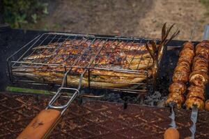 gegrillt Fisch. Kochen Fisch auf das Grill Netz. foto