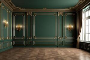 modern klassisch dunkel Grün leeren Innere mit Mauer Paneele und hölzern Boden. spotten hoch. foto