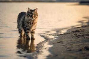 Katze ist Gehen in der Nähe von Meer auf das Strand. foto