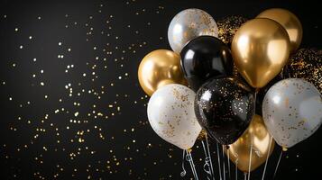 Schwarz, golden und Weiß farbig Luftballons auf das schwarz Hintergrund. glücklich Geburtstag foto