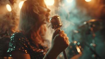Frau Singen im ein Verein oder Konzert Bühne mit halten ein retro Mikrofon foto