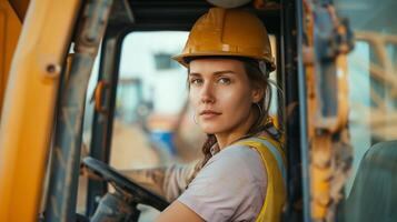 Porträt von ein Frau im ein Konstruktion Ausrüstung Kabine. Vielfalt im Industrie Konzept Bild. foto