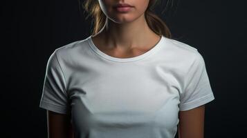 ein leer Weiß Hemd auf das kaukasisch Frau isoliert auf schwarz Hintergrund. Frau trägt Weiß T-Shirt Attrappe, Lehrmodell, Simulation. foto