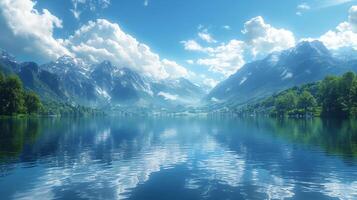 das Bild Eigenschaften ein Fluss fließend Über Felsen, mit ein Wasserfall und ein üppig Wald im das Hintergrund. das Himmel ist Blau mit Weiß Wolken, und das Sonne ist leuchtenden hell foto