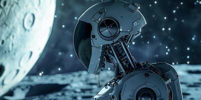 futuristisch Roboter Blick beim Wasser Tröpfchen auf Mond foto