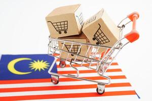 online Einkaufen, Einkaufen Wagen Box auf Malaysia Flagge, importieren Export, Finanzen Handel. foto