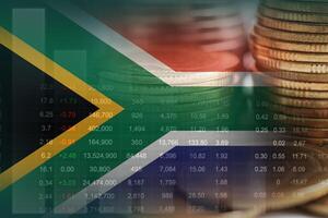 Süd Afrika Flagge mit Lager Markt Finanzen, Wirtschaft Trend Graph Digital Technologie. foto