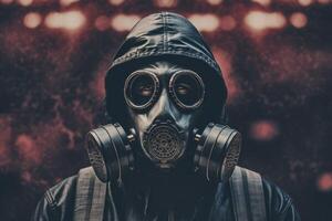 ein auffällig Bild präsentieren ein schließen oben von ein Mann tragen ein Gas Maske symbolisieren das Konzept von ein vergiftet Planet. foto