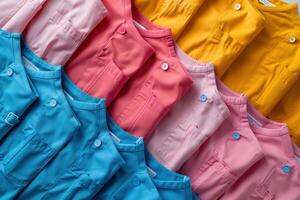ein Reihe von Hemden im anders Farben, einschließlich Rosa, Gelb, und Blau foto