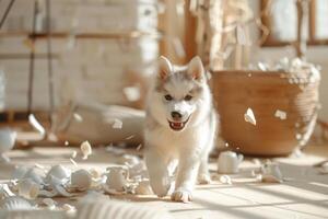 sibirisch heiser, gebrochen Vase Fragmente von Porzellan um das Hund im ein modern Haus Leben Zimmer Bereich foto