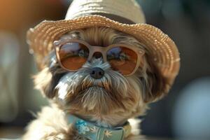 ein klein Hund tragen Sonnenbrille und ein Stroh Hut foto