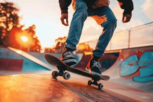 ein Skateboardfahrer ist Reiten ein Rampe beim ein Schlittschuh Park foto