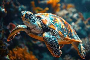 ein Schildkröte Schwimmen im das Ozean mit ein Blau und Orange Schale foto