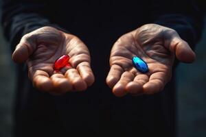 zwei Pillen, einer rot und einer Blau, sind Sein gehaltenen im ein Person Hände foto