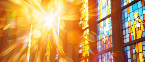 ein Fenster mit ein Sonne leuchtenden durch im Kirche foto