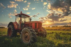 ein rot Traktor ist Fahren durch ein Feld von Schmutz foto