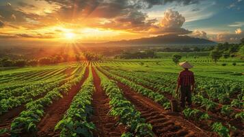 ein Mann steht im ein Feld von Pflanzen mit das Sonne leuchtenden auf ihm foto