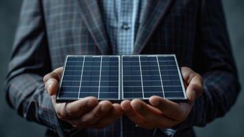 ein Mann ist halten ein Solar- Panel im seine Hände foto