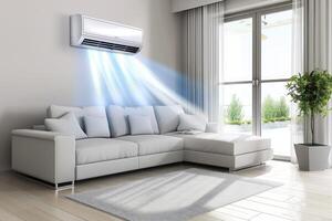 ein Leben Zimmer mit ein groß Luft Conditioner weht cool Luft foto