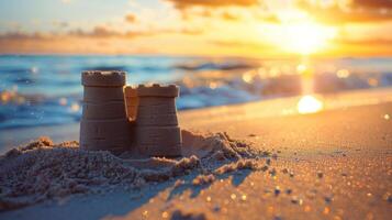 ein Sand Schloss ist gebaut auf das Strand mit das Sonne leuchtenden auf es foto