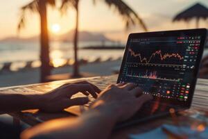 ein Person ist Sitzung auf ein Strand mit ein Laptop offen, Arbeiten auf ein finanziell Bericht foto