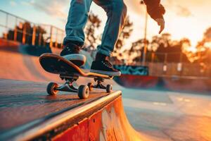ein Skateboardfahrer ist Reiten ein Rampe beim ein Schlittschuh Park foto