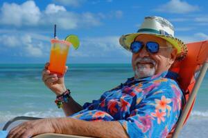 ein Mann ist Sitzung auf ein Strand Stuhl mit ein trinken im seine Hand foto