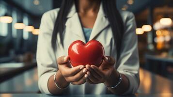 ein Arzt Hände Wiege ein glänzend rot Herz, symbolisieren Pflege und Barmherzigkeit im Gesundheitspflege, mit ein warm, Bokeh lichtdurchflutet Krankenhaus Hintergrund. foto