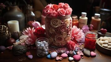 ein Tabelle geschmückt mit Valentinstag Kunsthandwerk, mehrfarbig Rosen, herzförmig Pralinen, und duftend Kerzen Erstellen ein romantisch Rahmen foto