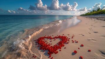 Herz gestalten gemacht von rot Rose Blütenblätter auf ein sandig Strand mit sanft Wellen und ein Blau Himmel. ein romantisch und heiter Szene perfekt zum Themen von Liebe, Hochzeiten, und Strand Kurzurlaube. foto