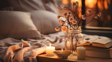 ein heiter Schlafzimmer Szene mit zündete Kerzen, ein Buch, und ein Krug von getrocknet Blumen auf ein Bett Tisch, hervorrufen ein warm, gemütlich Atmosphäre. foto